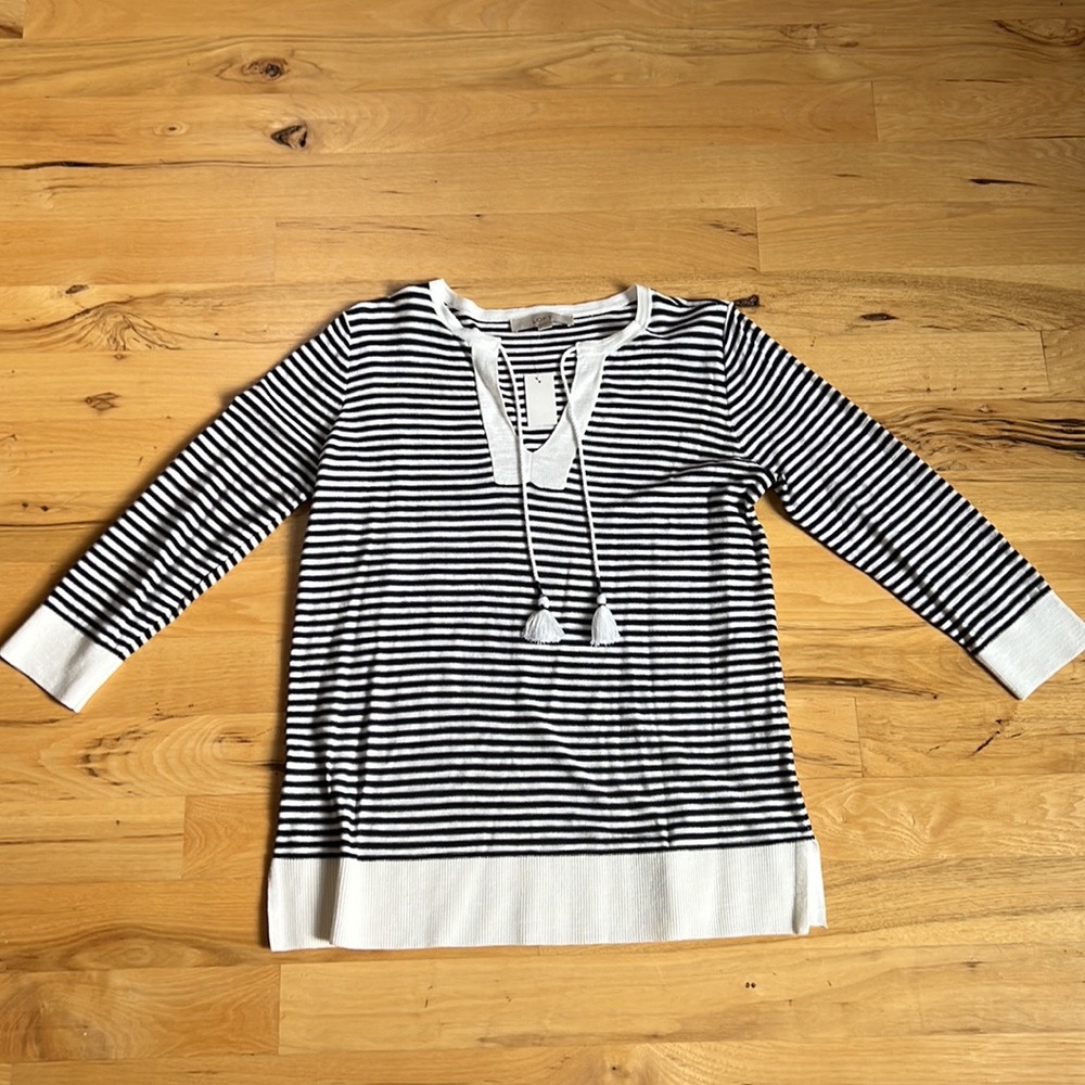 NEW🖤Loft Stripe Textured Tie Neck Sweater Navy blue and white Long Tunic M $69